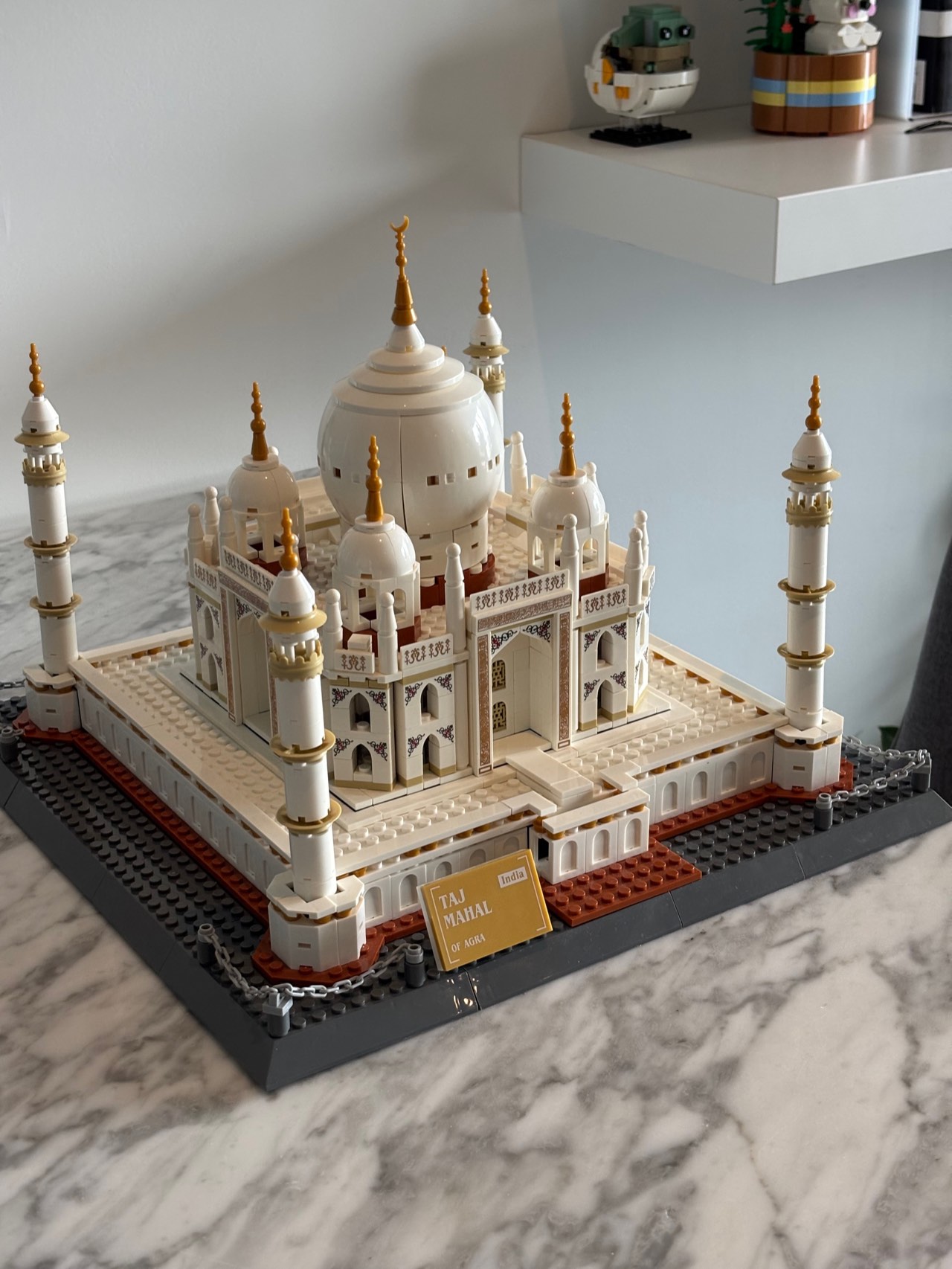 The finished Lego Architecture Taj Mahal on a marble counter